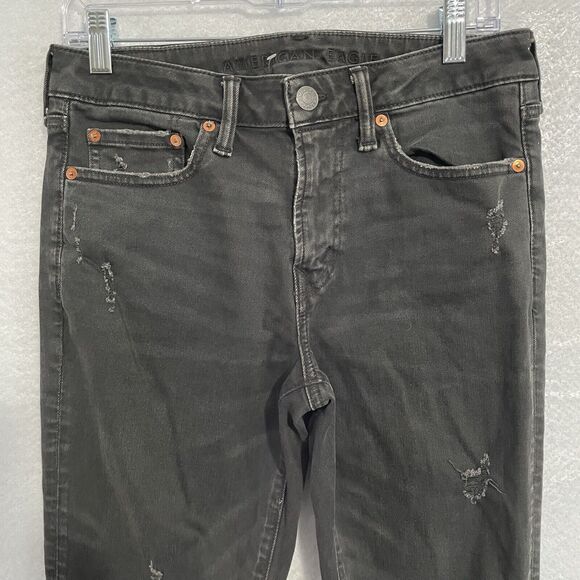 American Eagle Jeans 28x30 Black Denim SKINNY Distressed Airflex+ Stretch - Picture 3 of 11